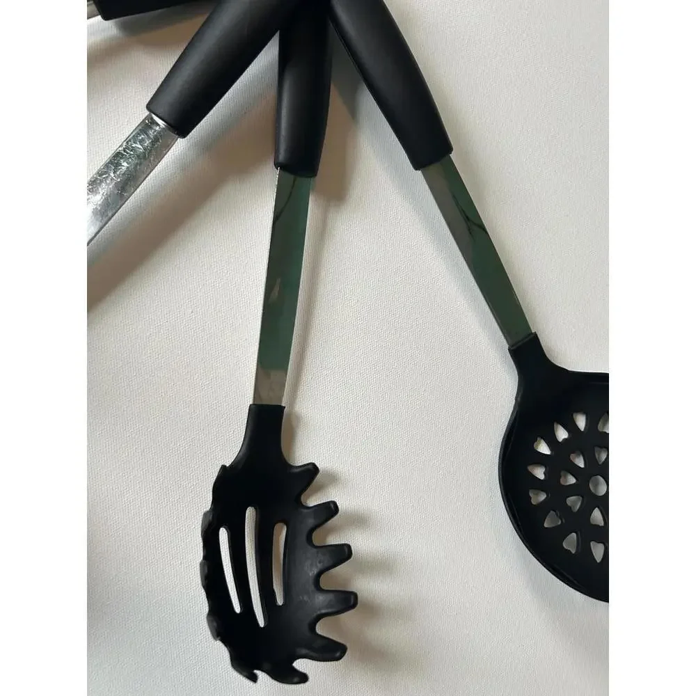 6 piece set of black silicone kitchen utensils with stainless steel handles